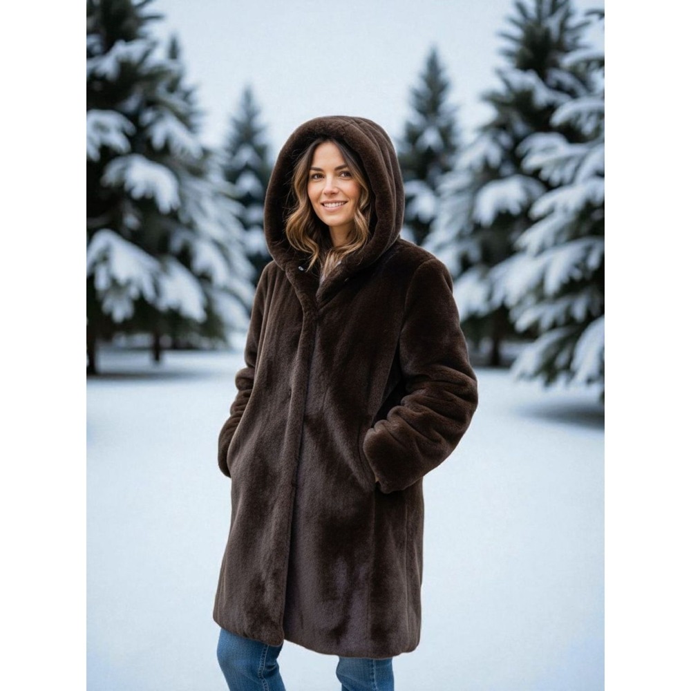 Tally-Ho Chocolate Brown Knee Length Faux Fur Coat With Hood Size S, Pockets